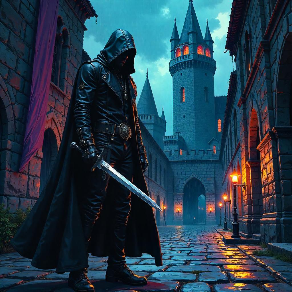 Shadowed Assassin in the Castle Courtyard