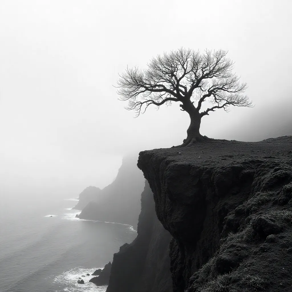 Haunting Monochrome: Barren Tree on Madeira Cliffs