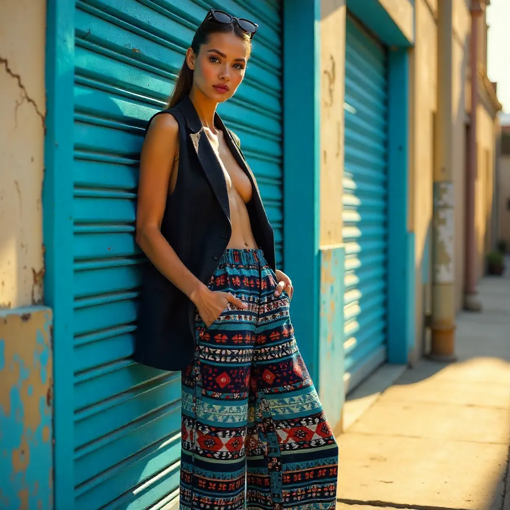 Stylish Adult in Patterned Pants by Blue Shutters