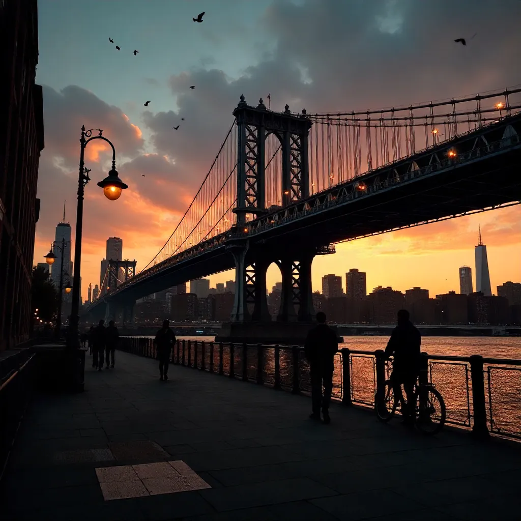 Silhouetted Pedestrians and Cyclist by Manhattan Bridge