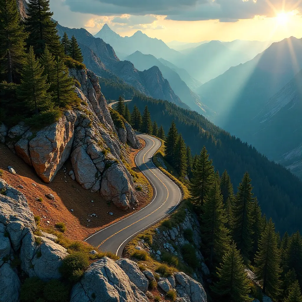 Aerial Winding Mountain Road over Rugged Terrain