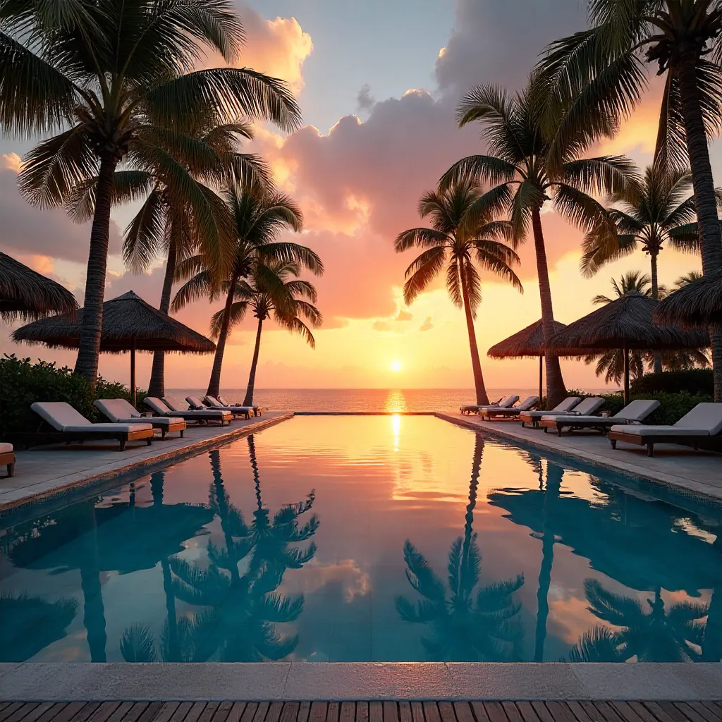 Sunset Reflections at Tropical Resort Pool