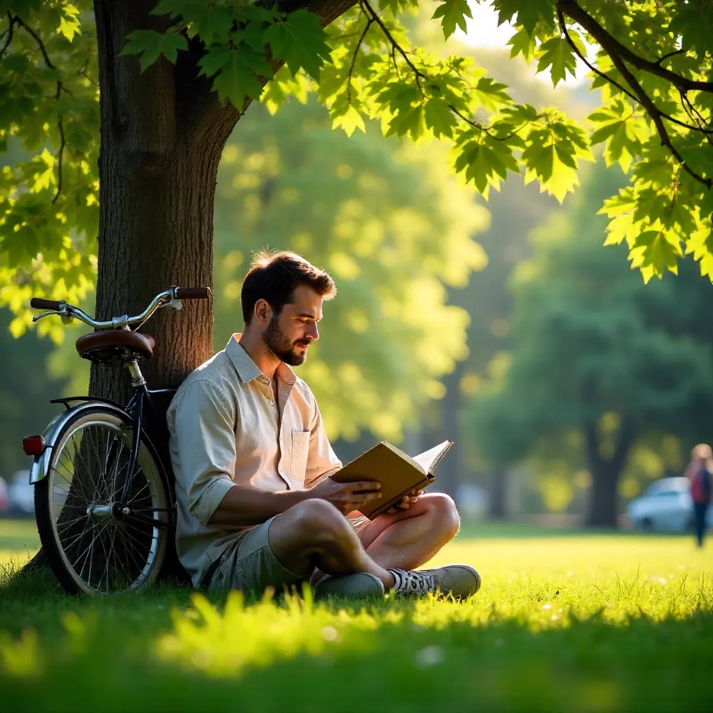 Sunny Day Read: Man Under a Tree With a Bicycle