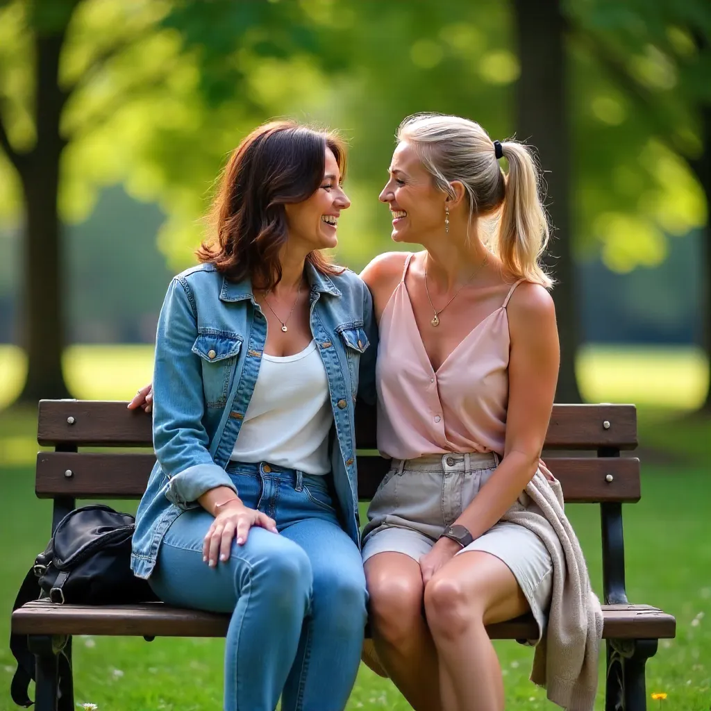 Two friends sharing a laugh on a park bench
