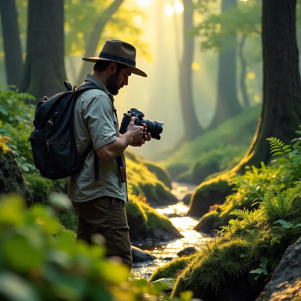 Photographer Checks DSLR in Lush Forest Glow