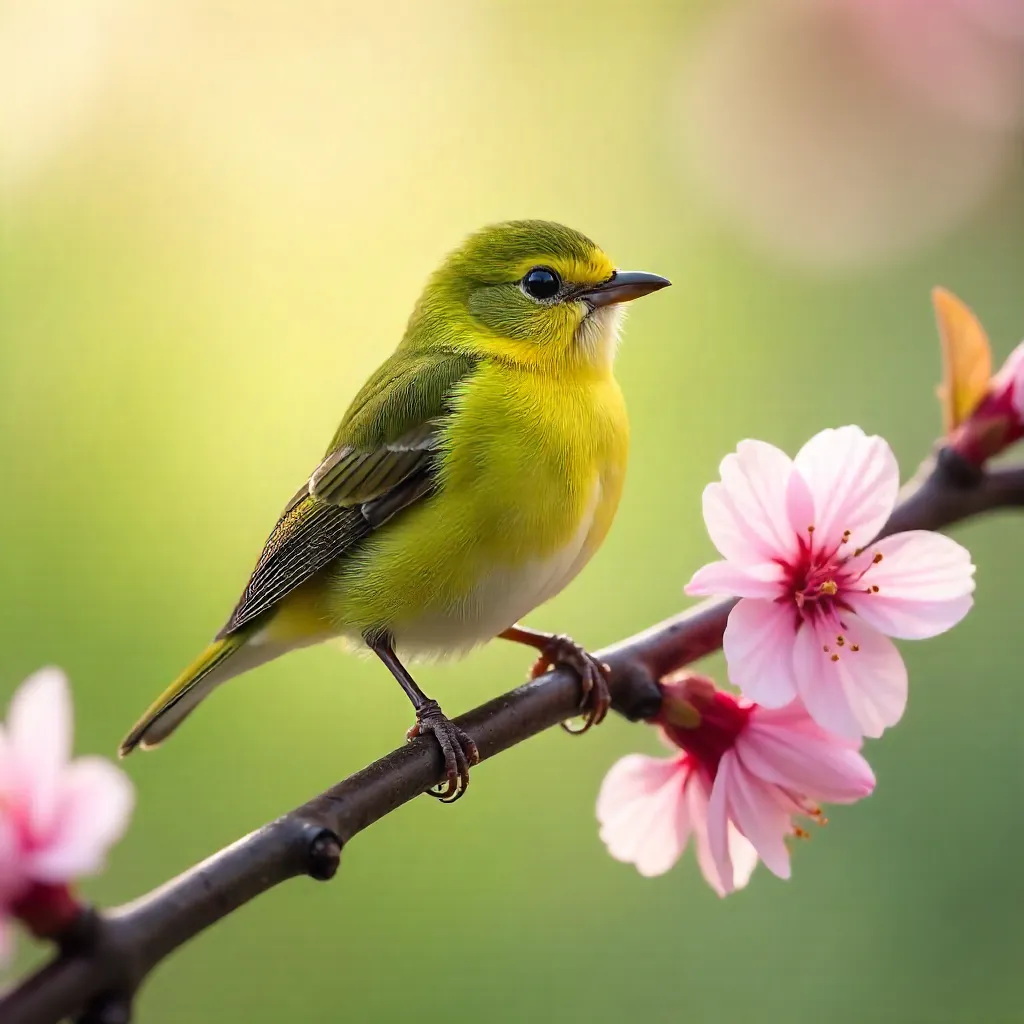 Springtime Japanese White-eye on Blossoming Branch