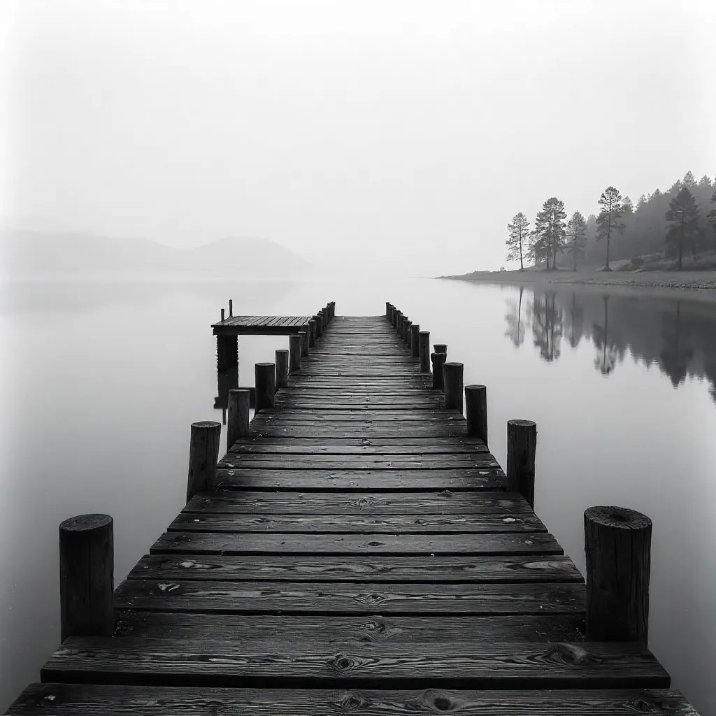 Monochrome Pier Over a Tranquil Düzce Lake
