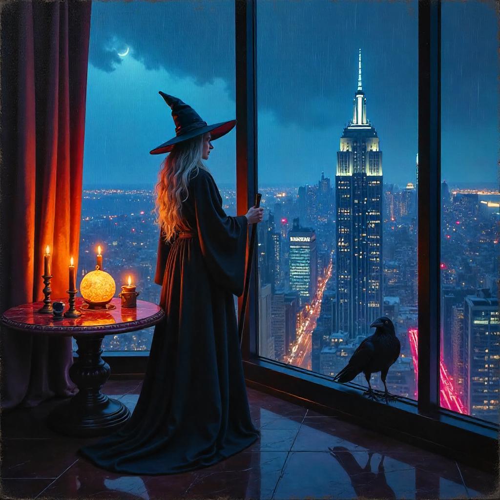 Witch Amid Neon: An Oil Painting in a Skyscraper