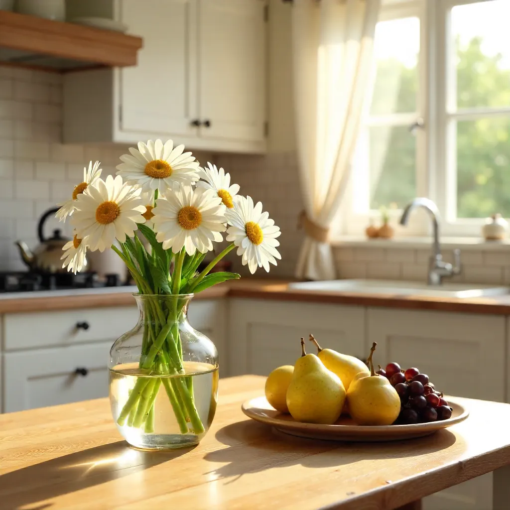 Charming Kitchen: Daisies, Fresh Fruits & Morning Light