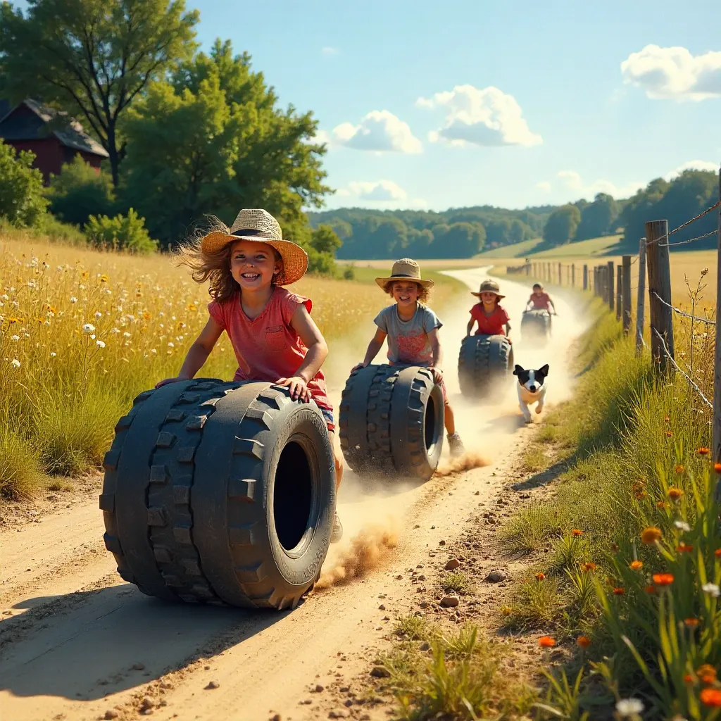 Sunny Rural Dirt Road Tire Rolling — Kids at Play
