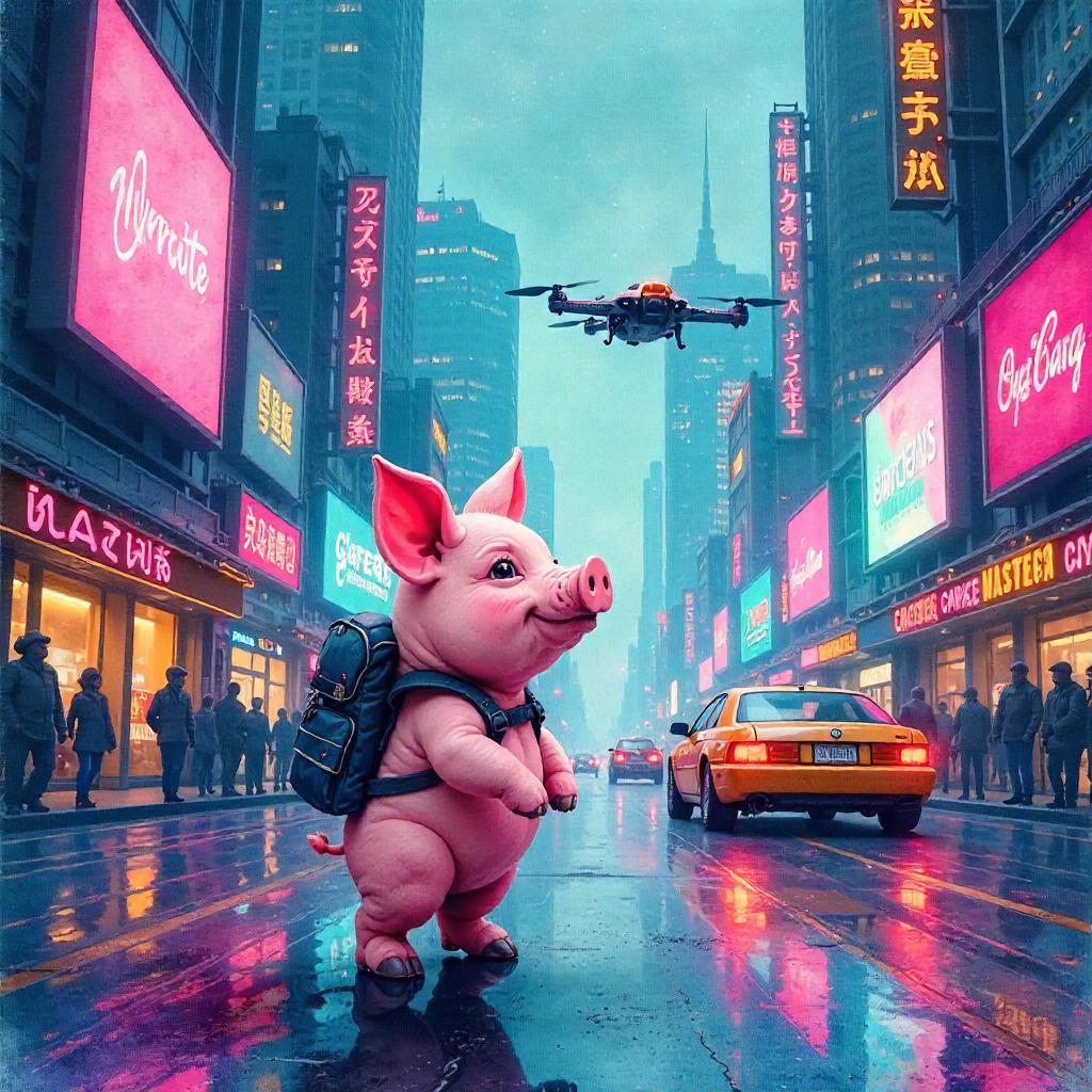 Pig in a Neon Futuristic City — Watercolor