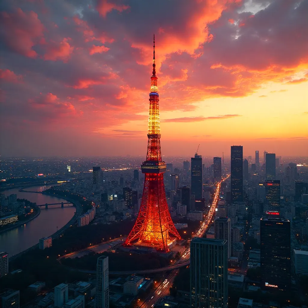 Aerial Sunset Over Tokyo Tower and Neon Skyline