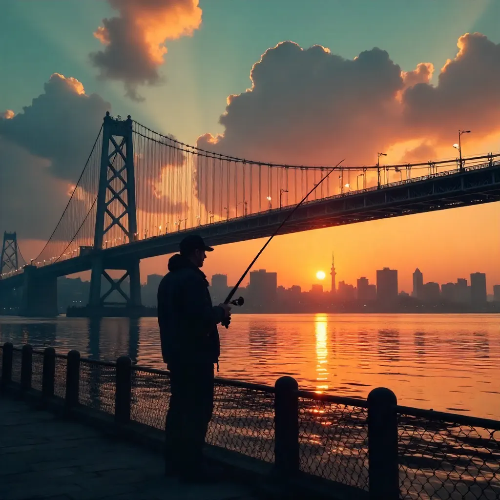 Fisherman Silhouette Under Sunset Bridge