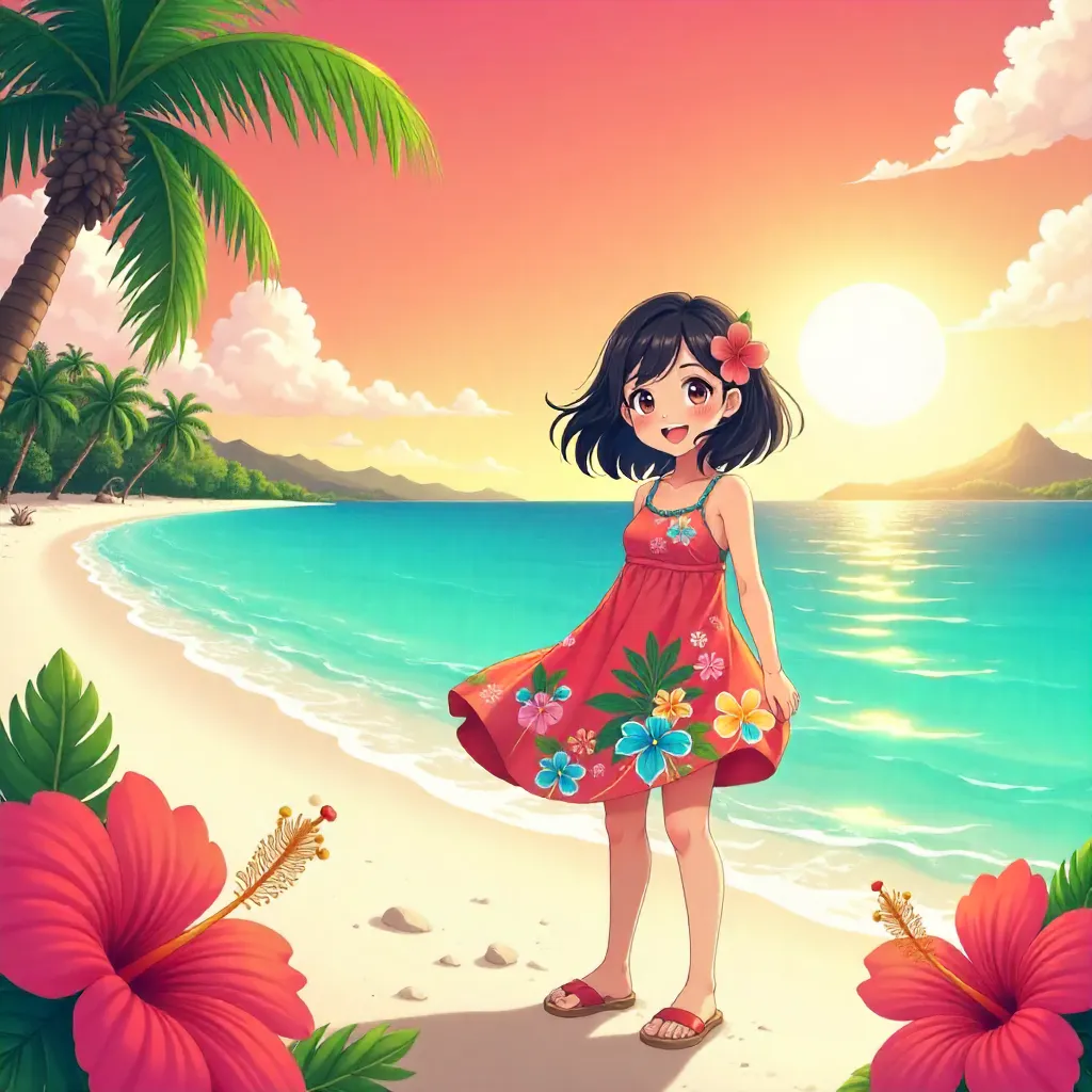 Cheerful Asian Girl in a Tropical Anime Paradise