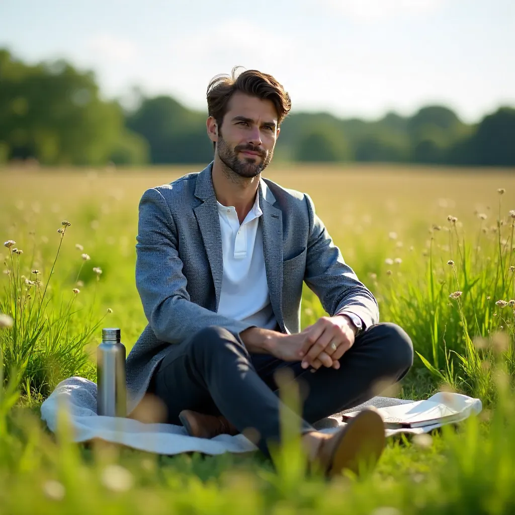 Casual Business Attire in a Grassy Field