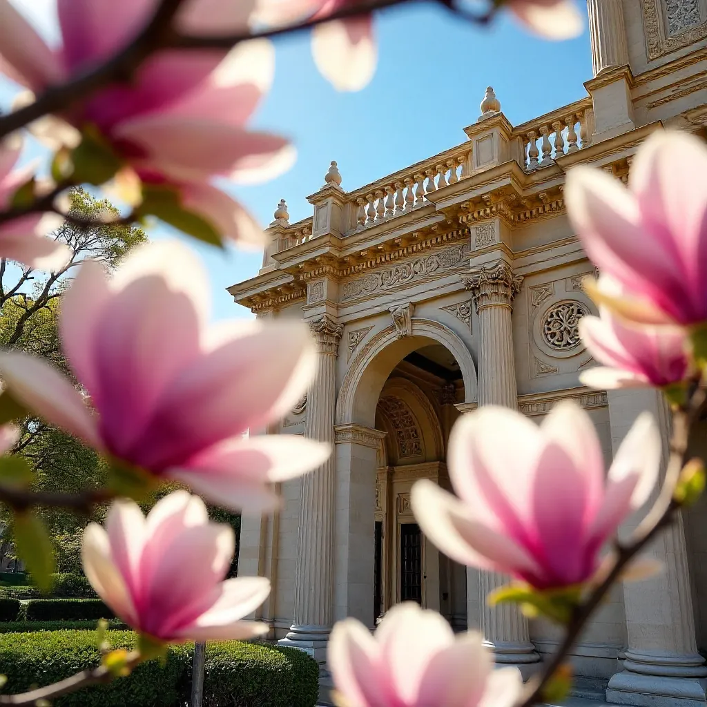 Magnolia Horizon: Ornate Architecture Beyond Blossoms