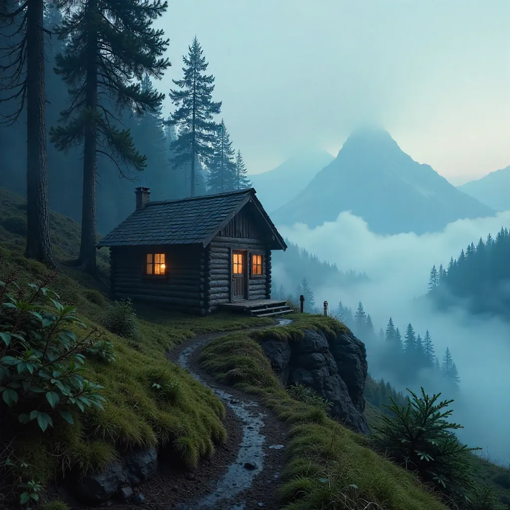 Lonely Misty Cabin on the Hillside