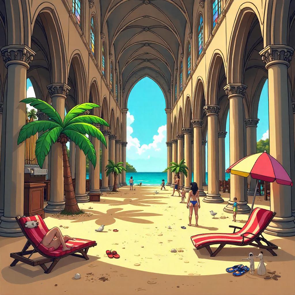 Cartoon Beach Inside a Majestic Cathedral