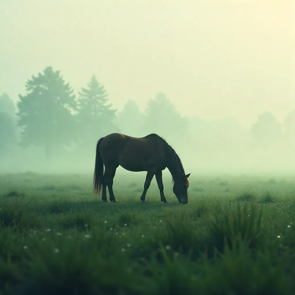 Foggy Dawn: A Lone Horse Grazing in Calm Field