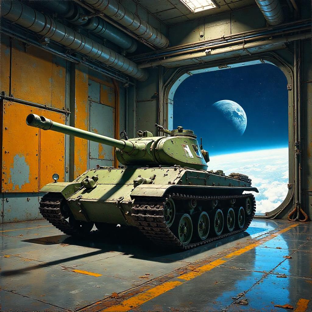 An Oil Painting of a Tank Adrift on a Space Station
