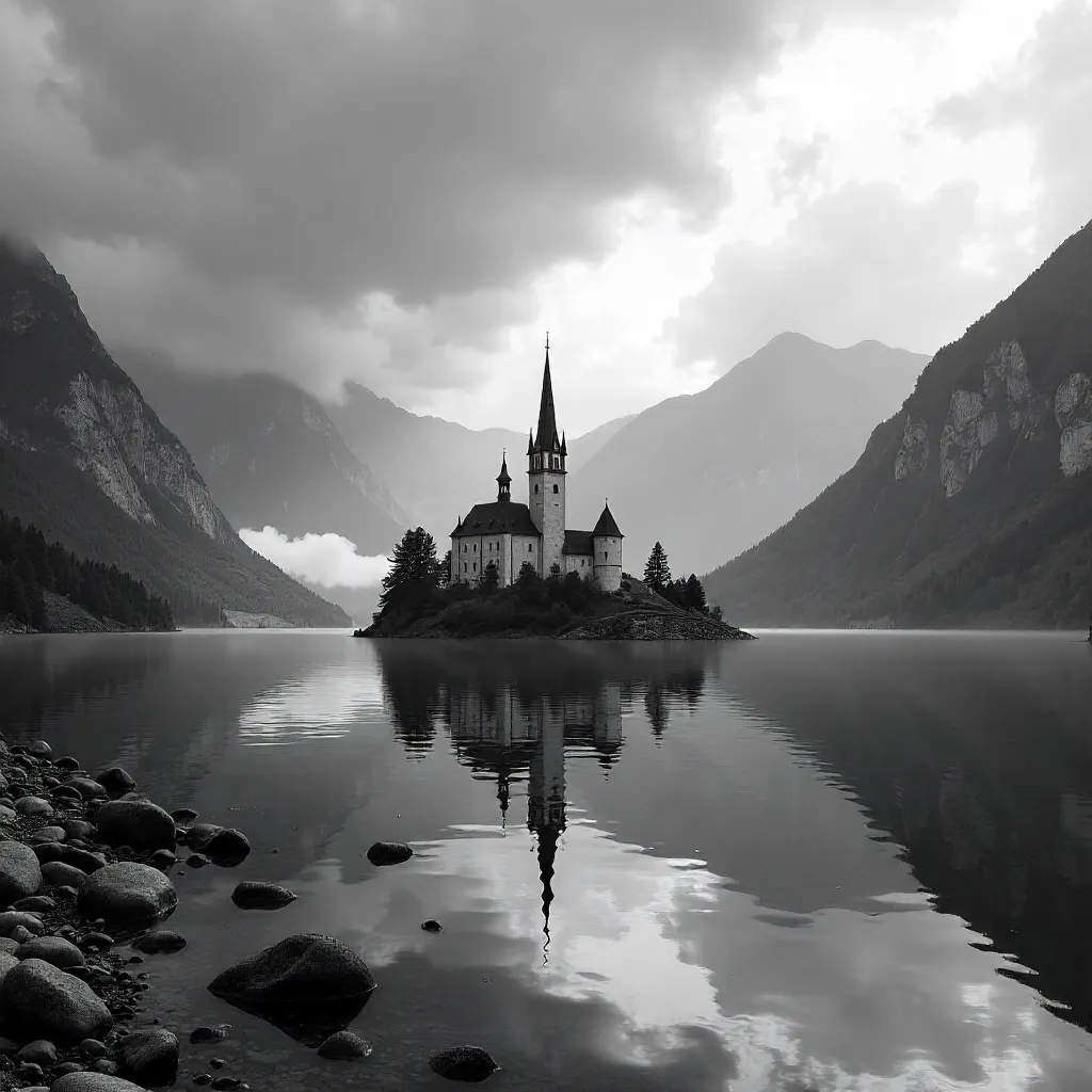 Monochrome Bled Island and Alpine Peaks