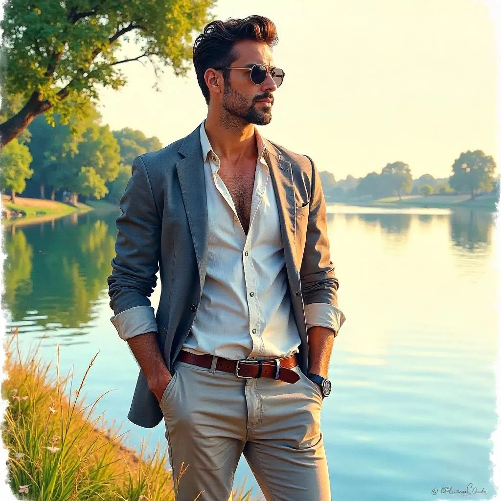 Watercolor Portrait of a Stylish Latino Man by a Lake