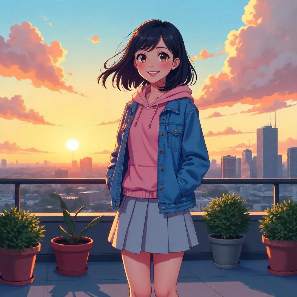 Cheerful Asian Woman on a Rooftop – Anime Style