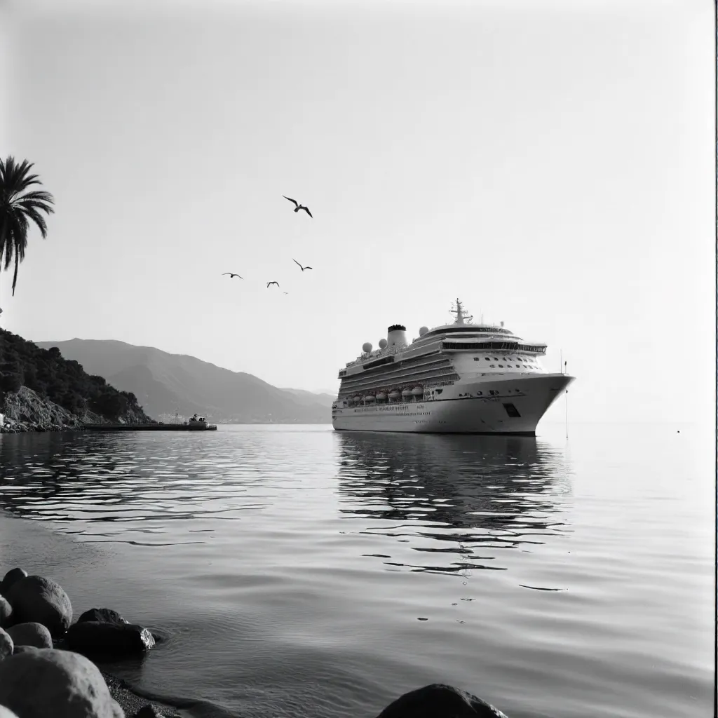 Serene Black-and-White Kuşadası Cruise Scene