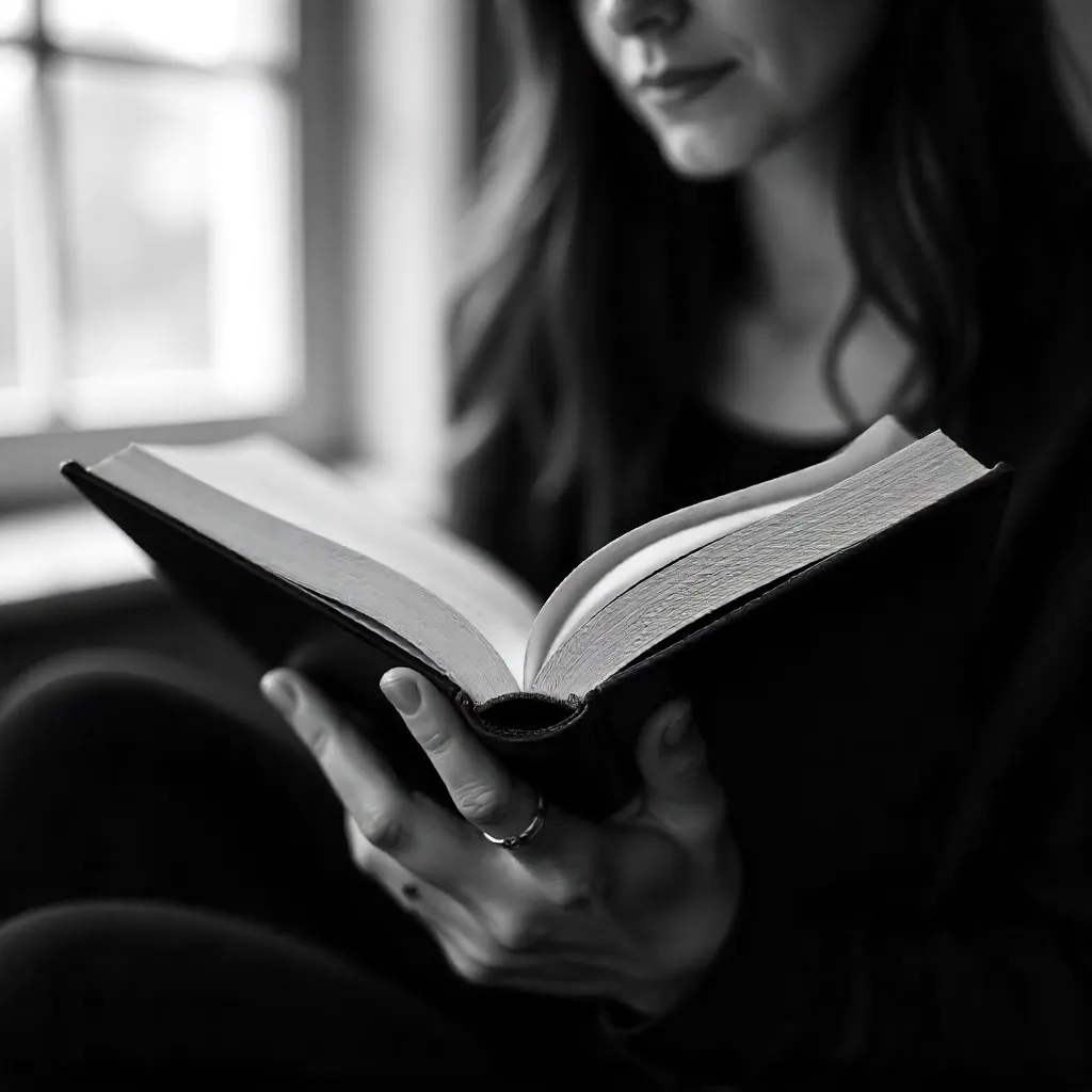 Monochrome Close-Up: Serene Reader with Open Book
