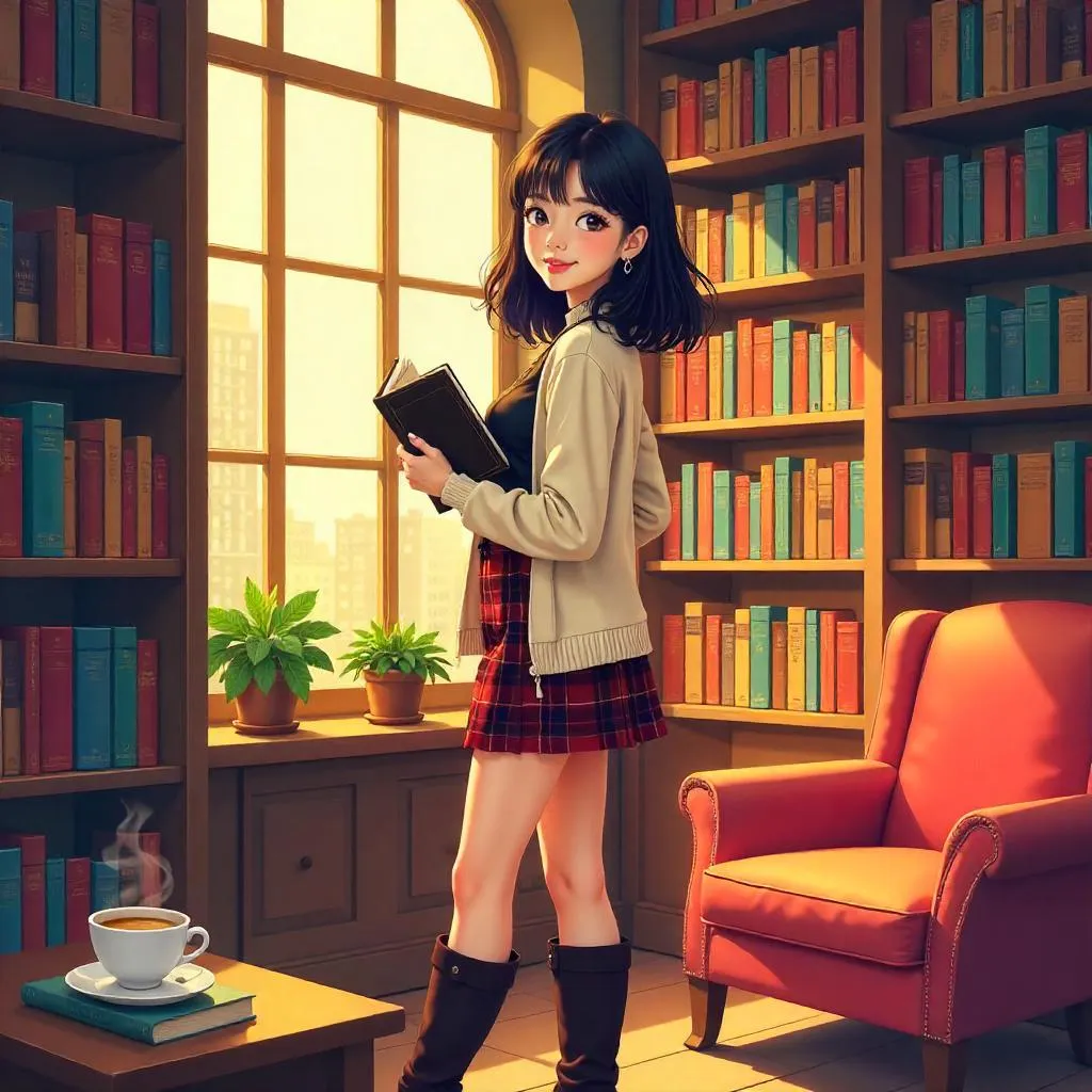 Stylish Asian Woman in a Cozy Bookstore - Anime Style