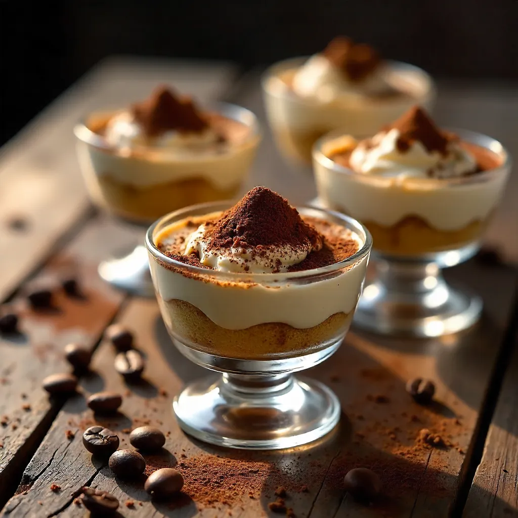 Top-Down Tiramisu in Glass Bowls on Rustic Table