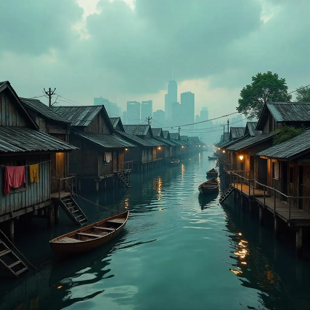 Photorealistic Village Floating Over a Flooded Cityscape
