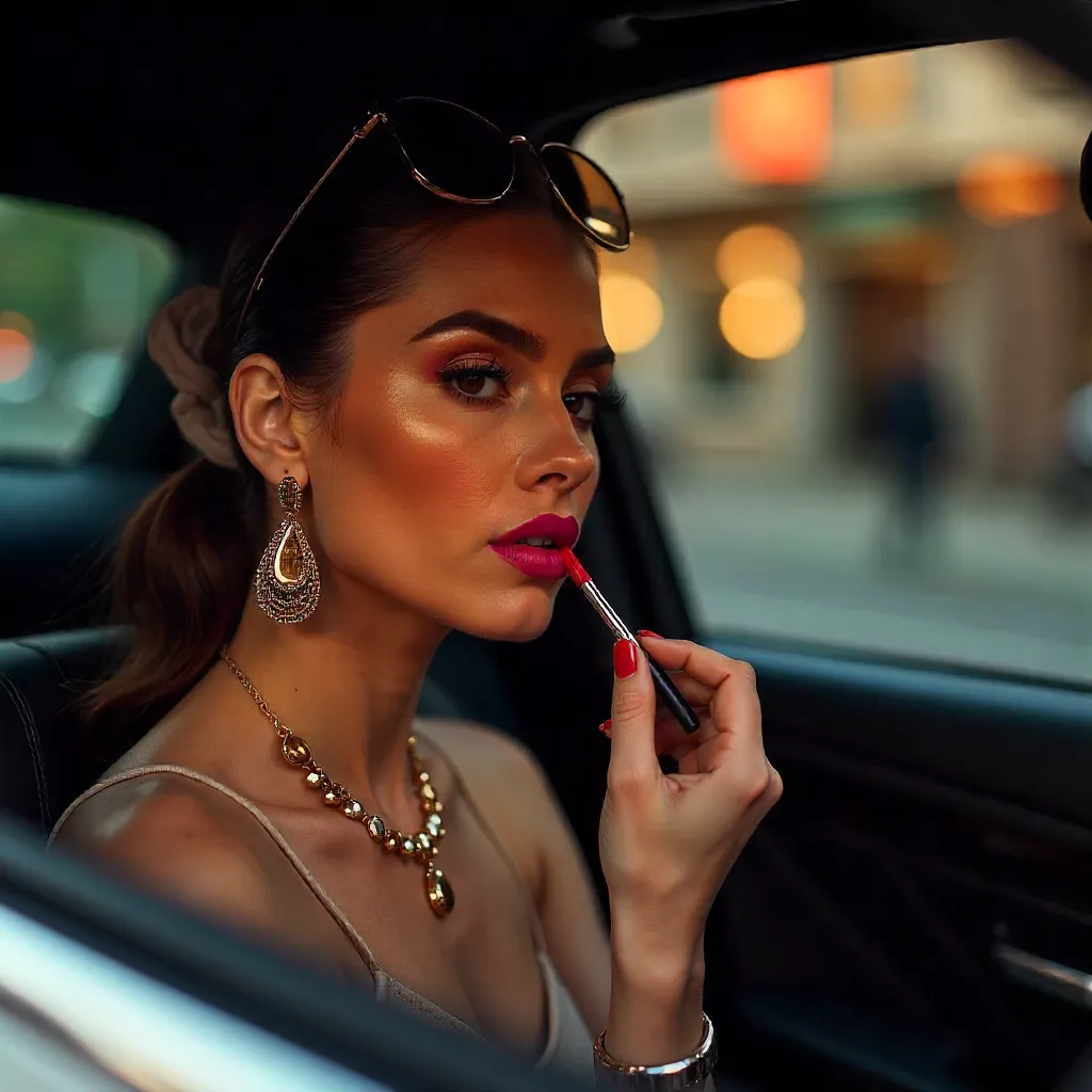 Rearview Lipstick Glow: Glam Car Portrait