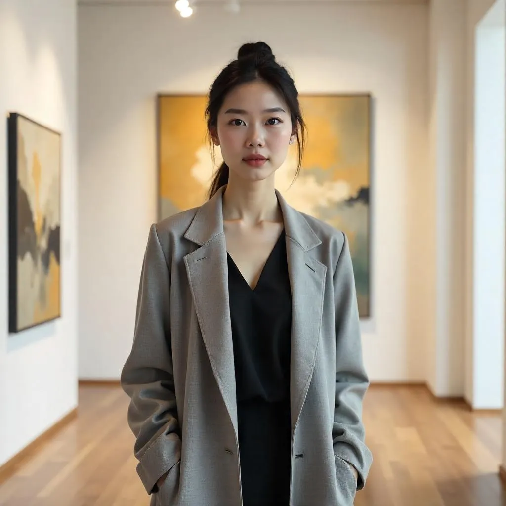 3D Render: Young Asian Woman in a Modern Art Gallery