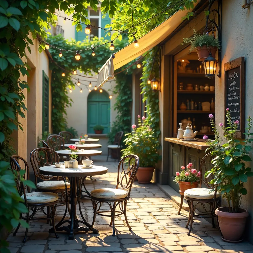 Sunlit Vintage Café in a Green Courtyard