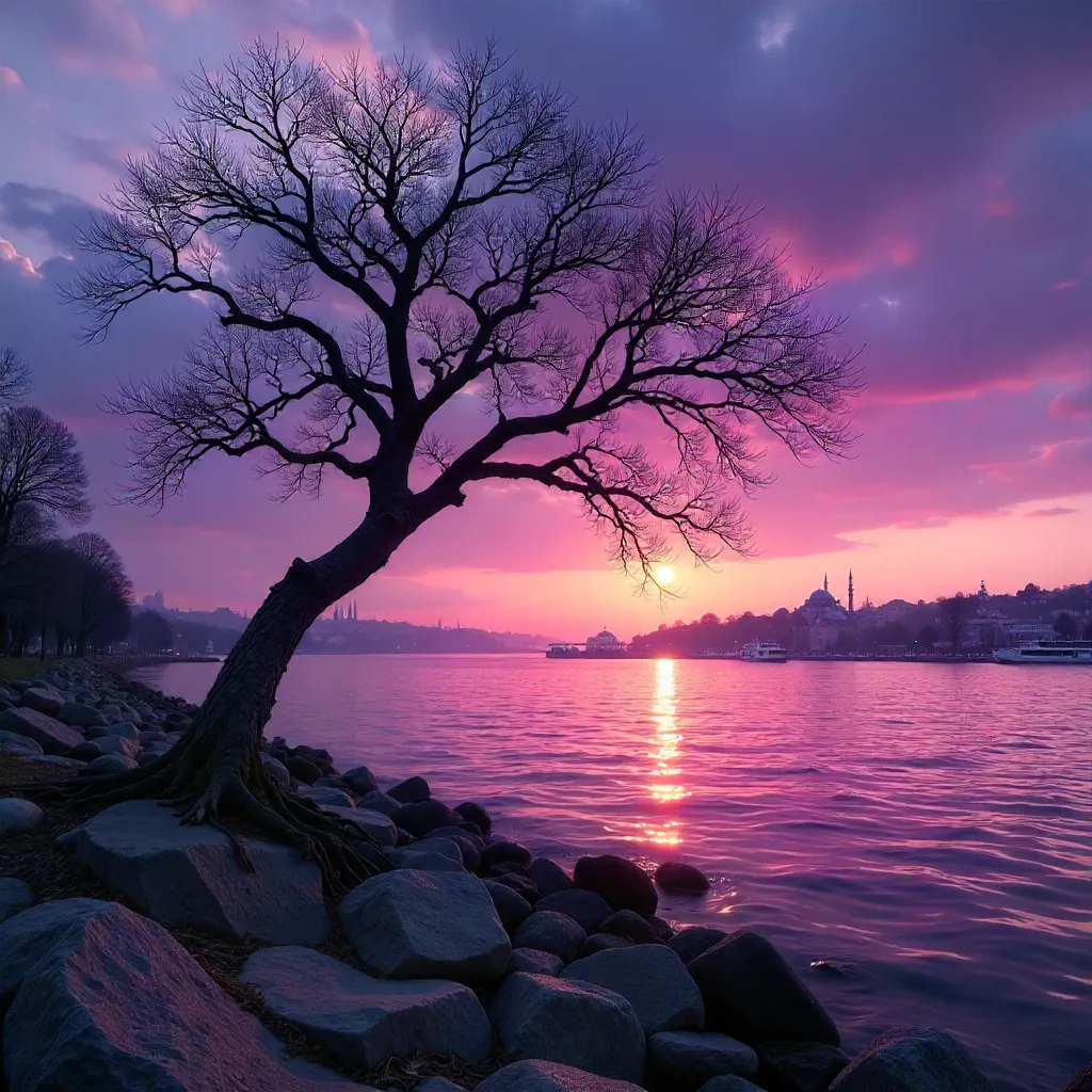 Silhouette of a Barren Tree Over Purple Istanbul Sunset