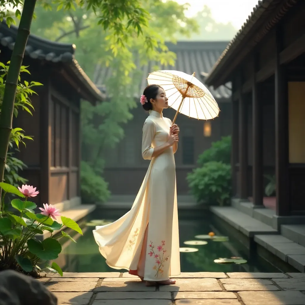 Ao Dai with Paper Parasol in a Vietnamese Courtyard