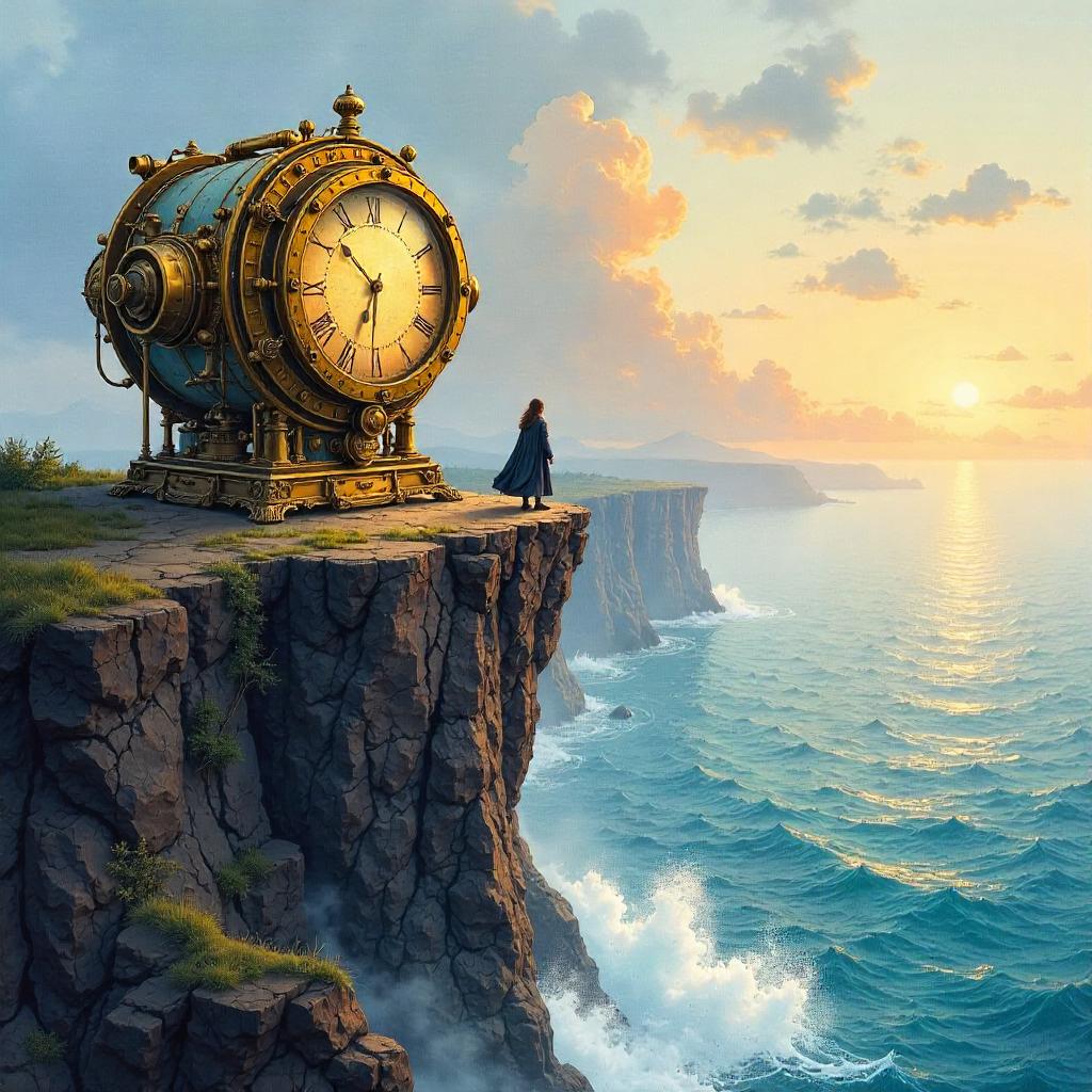Time Machine on a Cliff Edge in Watercolor