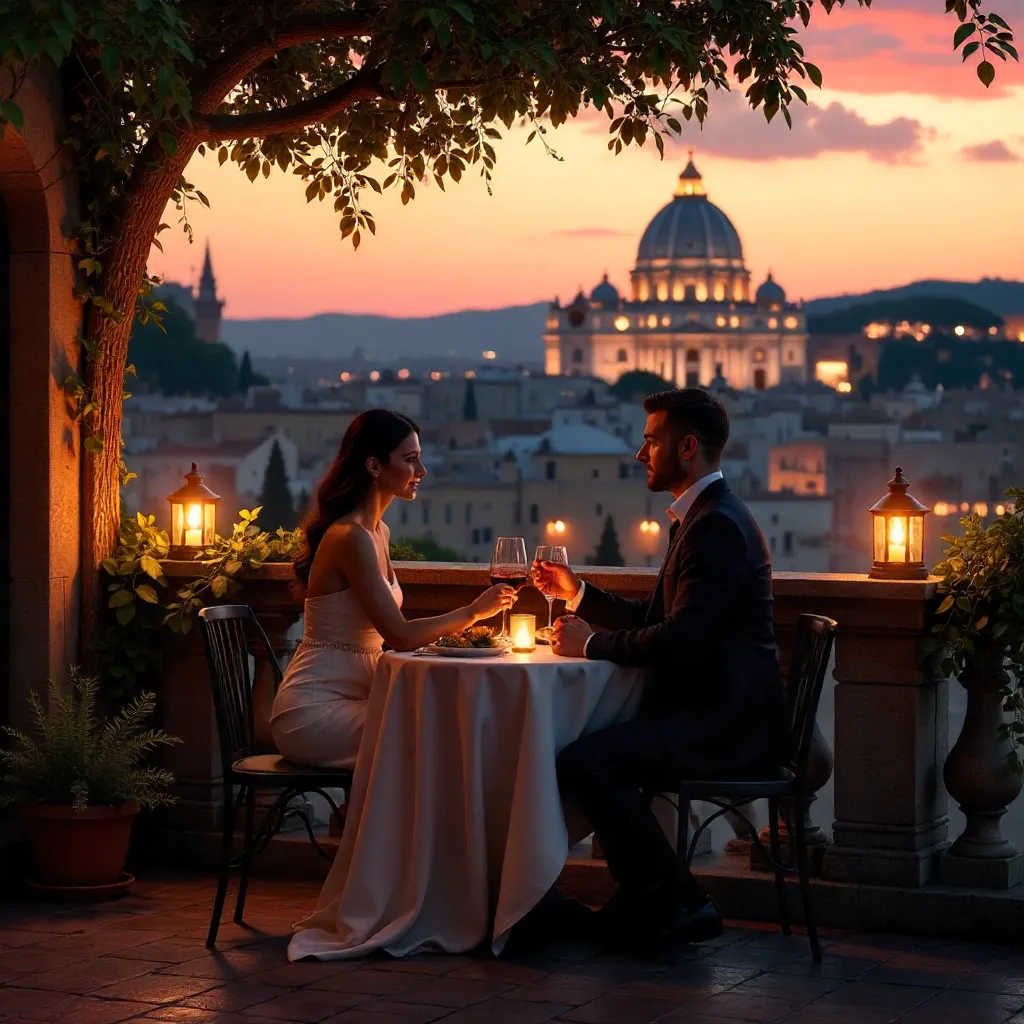 Sunset Dinner Over St. Peter's Dome in Rome