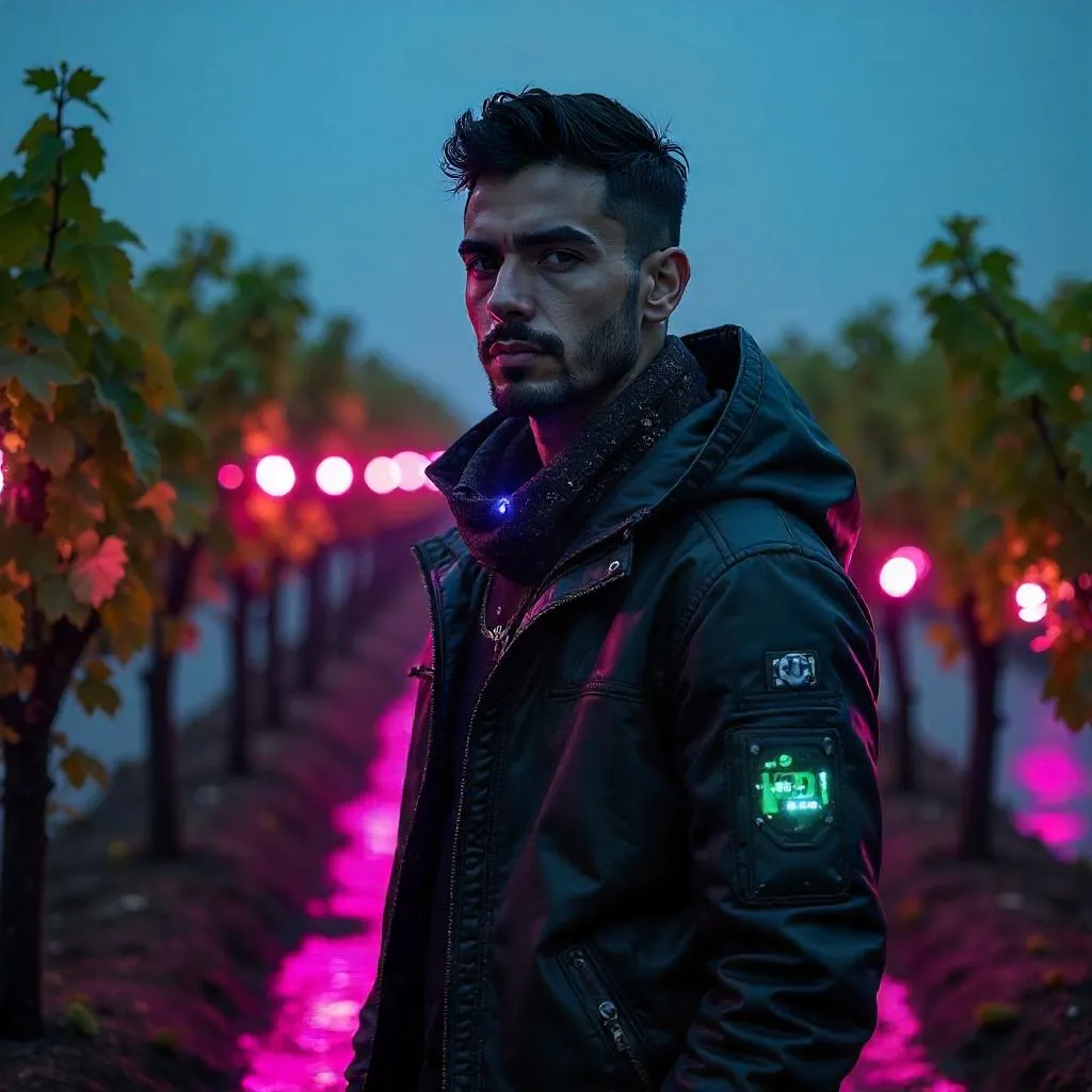 Neon Vines: Cyberpunk Vineyard Portrait