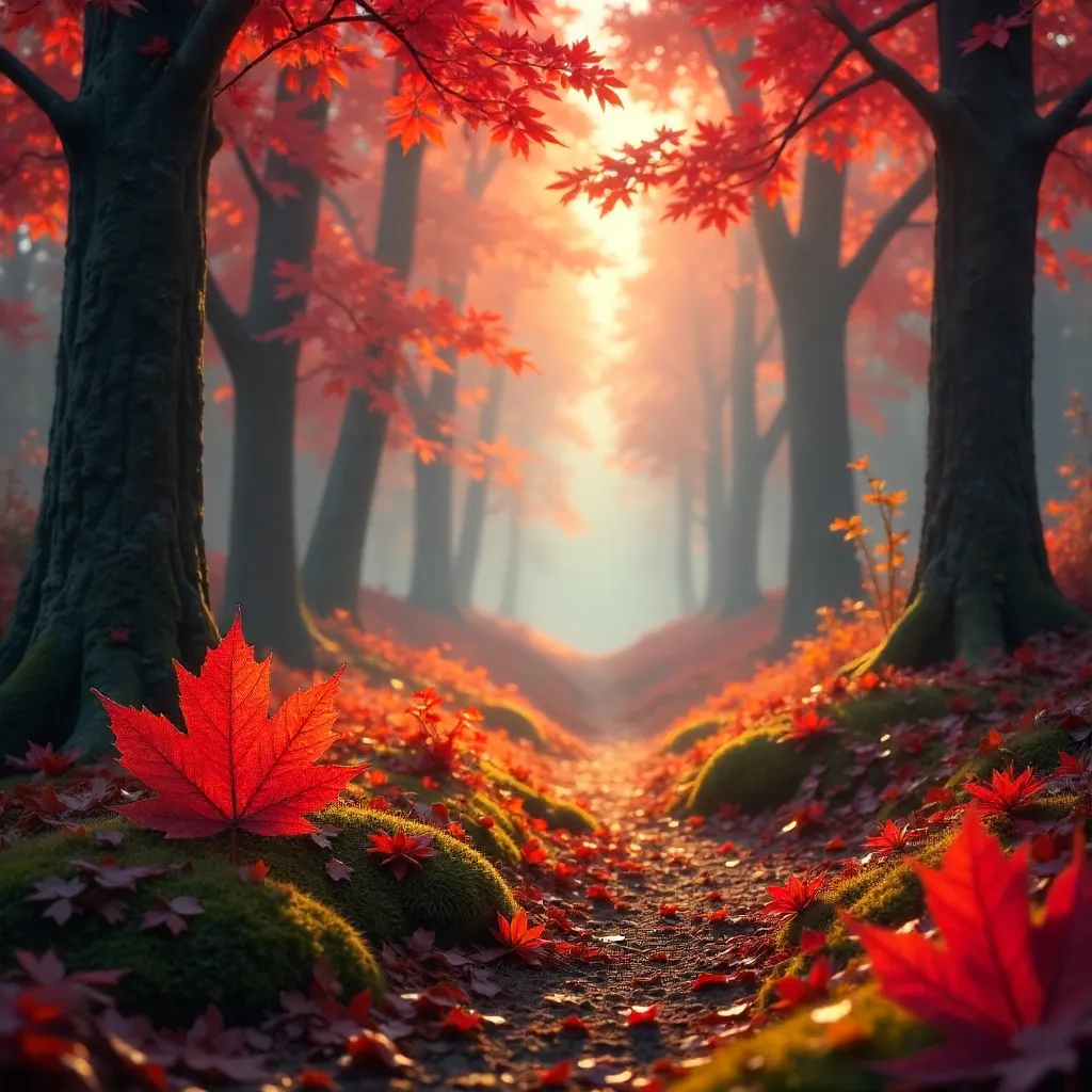 Crimson Autumn Forest in Sunlit Mist