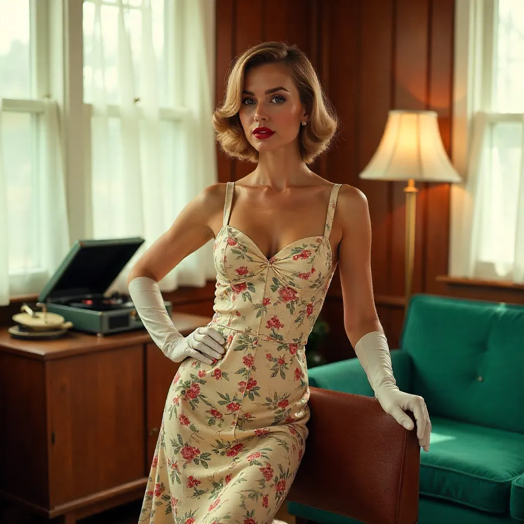 Floral Elegance: Retro Indoor Portrait in Gloves