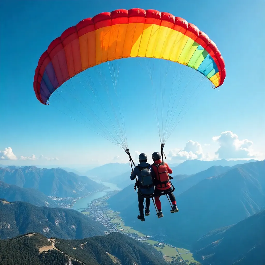 Thrilling Tandem Paragliding Under Colorful Canopy