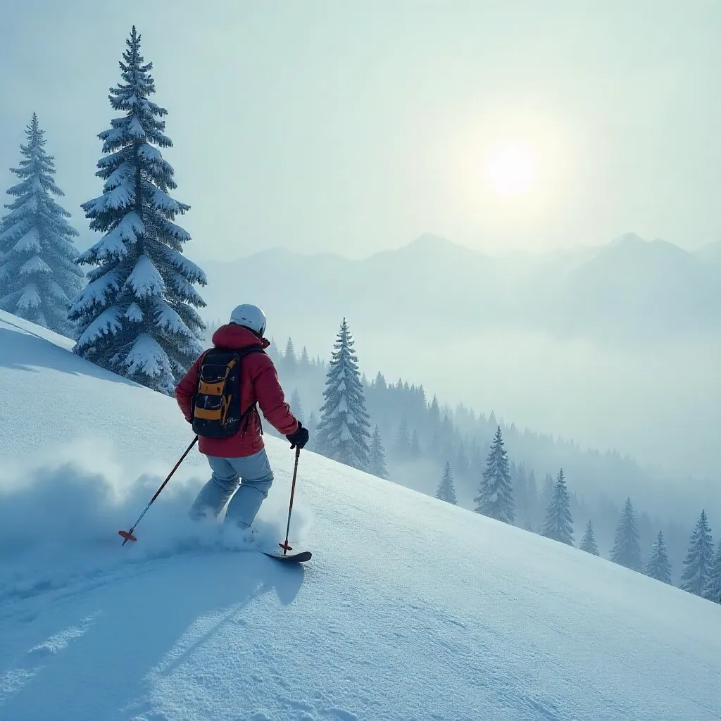Solitary Skier in a Foggy Winter Landscape
