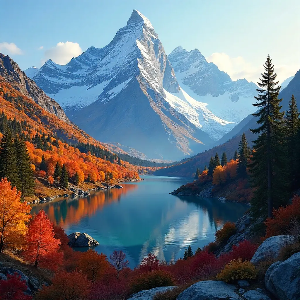 Autumnal Serenity: Snow Mountains and Golden Forest
