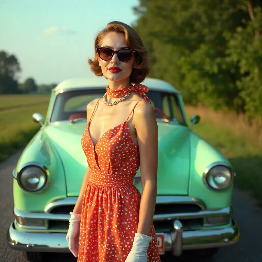 Mint-Green Vintage Car in Retro Outdoors
