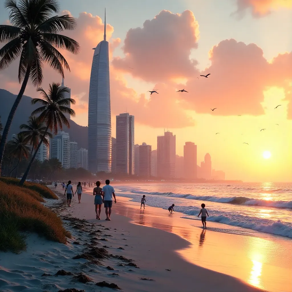 Dusk at the City Beach: Serene Shoreline and Skyline