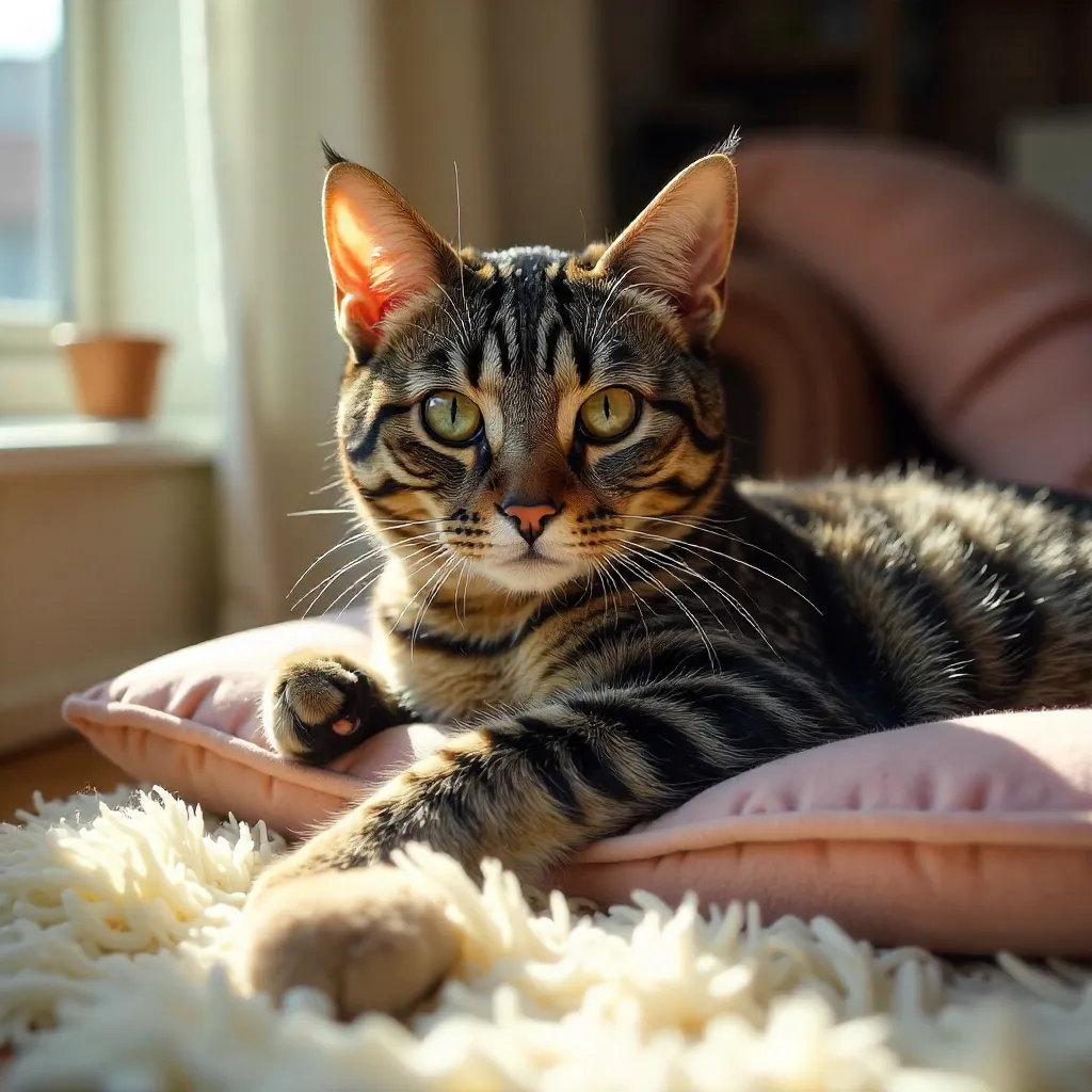 Gazing Striped Cat on Plush Indoor Cushion