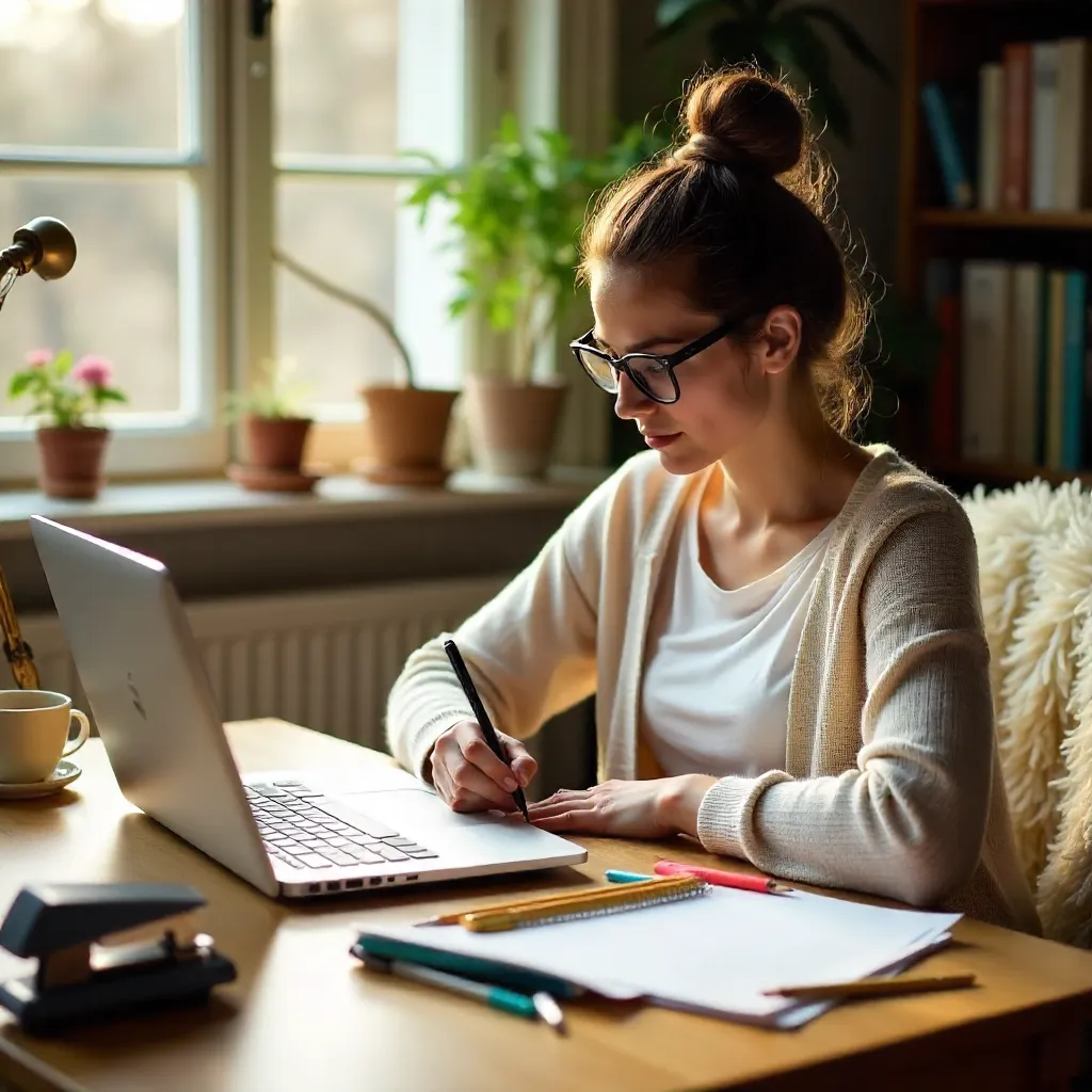 Focused Young Woman Studying in a Cozy Home Office