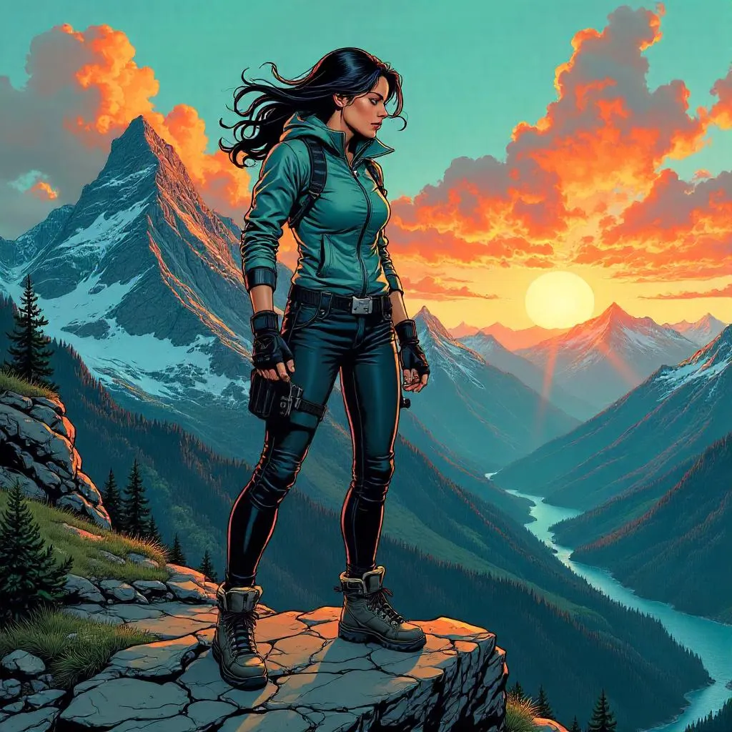 Comic-Style Mountain Heroine: Stylish Caucasian Woman